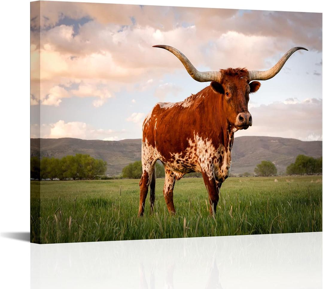 Visual Art Decor Texas Decor Longhorn Cow Pictures Wall Decor Country Farmhouse Landscape Picture Living Room Bedroom Office Kitchen Wall Decor Framed Canvas Artwork 24inx32in