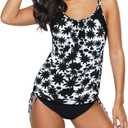 Zando Bathing Suit for Women Tankini Swimsuit for Women Crewneck Two Piece Bathing Suit Tummy Control Tankini Top with Shorts, 16-18, White Print Black Floral