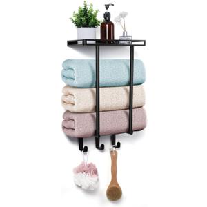 Onader Wall Mounted Towel Racks for Bathroom, 15 Inch Black Bath Towel Holder with Metal Shelf and 3 Hooks