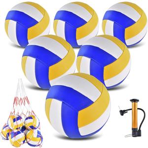6 Pack Volleyballs Official Size 5, Waterproof Soft Bulk Recreational Volley Balls with Pump and Net Bag for Indoor Outdoor Beach Pool Water Sand Game Training Match for Beginner Teenager (Yellow)