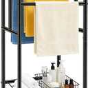 Standing Towel Rack, 3 Tier Towel Racks for Bathroom with Storage Shelf, Freestanding Metal Pool Blanket Holder Floor Towel Drying Rack Outdoor, Black