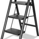3 Step Ladder, Folding Step Stool for Adults with Wide Anti-Slip Pedal, Lightweight, Perfect for Kitchen& Household, Library Office,330lbs Capacity Sturdy Steel Ladder,Black