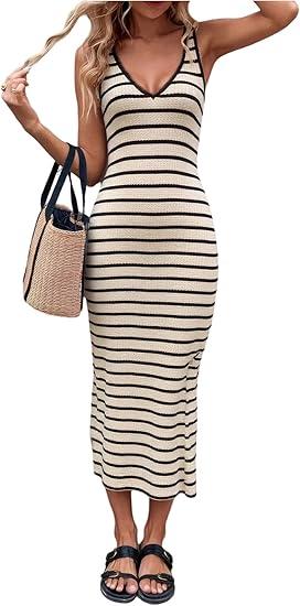 Floerns Women's Striped Deep V Neck Tank Dress Sleeveless Split Knitted Midi Dresses Small, Apricot