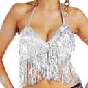 Nicute Silver Sequin Top Fringe Bra Top Sparkly Belly Dance Tops for Women