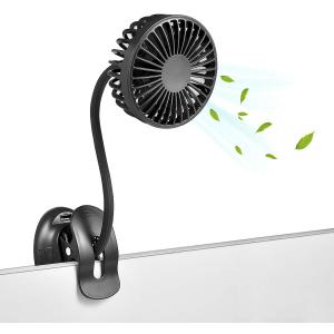 Clip On USB Mini Desk Fan with Emergency Power Bank, Battery Operated Rechargeable Portable Fan - Flexible Neck, 3 Speed Personal Cooling for Baby Stroller, Car, Camping, Office, Dorm, Beach - Black