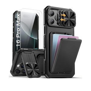 SSLOTSCASE for iPhone 16 Pro Max Case with 2X Screen Protector, Card Holder & Kickstand & Slide Camera Lens Cover, Silicone Edge Rugged Heavy Duty Phone Case Cover for iPhone 16 Pro Max 6.9'', Black