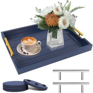 Coffee Table Tray - Large Ottoman Tray for Living Room - Wood Serving Tray with Handles(2 Sets) - Wooden Trays for Coffee Tables, 4 Round Coasters Included, Deep Blue