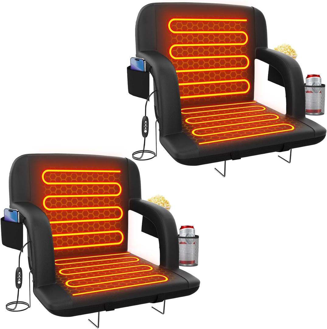 Suteck Dual-Side Heated Stadium Seat with Back Support, Wide Cushion, Foldable Bleacher Chair W/USB 3-Level Heating, 5 Storage Pockets  Portable Stadium Chair for Outdoor Bleachers Camping Games (2pcs 23in Black)