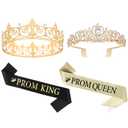 ACO-UINT 2 Pcs Prom King & Queen Crown and Sash Set Birthday Crowns for Men Women Prom Accessories (Gold)