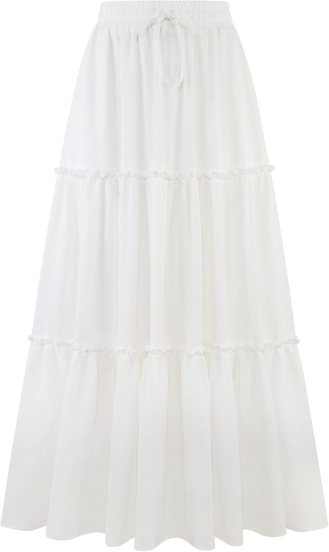Arolina Women's Summer Maxi Skirt Trendy High Waist Pleated Ruffle Long Skirts Flowy Beach Boho Skirt Dress with Pockets (White, M)