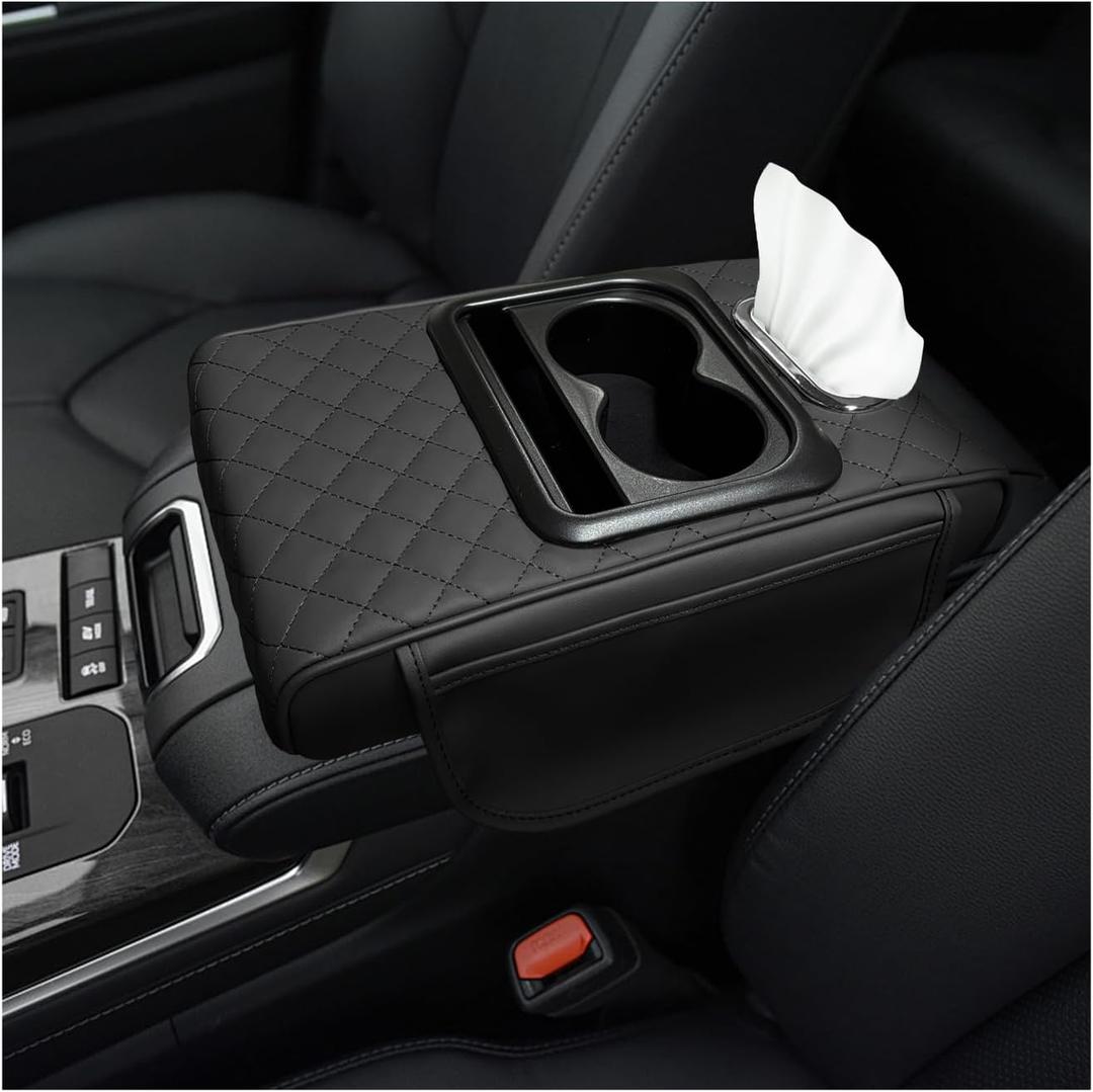 Car Center Console Armrest Pillow, Multifunctional Armrest Box Cover with Cup Phone Tissue Holder & Side Pockets, Waterproof Leather Middle Console Cushion for Most Vehicles (Black, Embroidered)