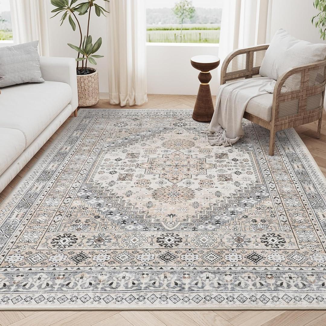 zesthome 5x7 Area Rugs - Ultra-Thin Washble Rug, Stain Resistant Anti Slip Backing Rugs for Living Room,Bedroom, Vintage Home Decor Area Rug (Beige,5'x7') (5' x 7' (Rectangular))
