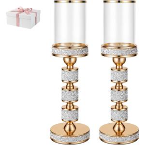 15.9" Tall Pillar Candle Holder with Wind Proof, Metal Hurricane Holders, Crystal Candle Holders for Table Centerpieces, Home Decor, Wedding, Dining Table (2, Gold, for Pillar Candles up to 3"x5")