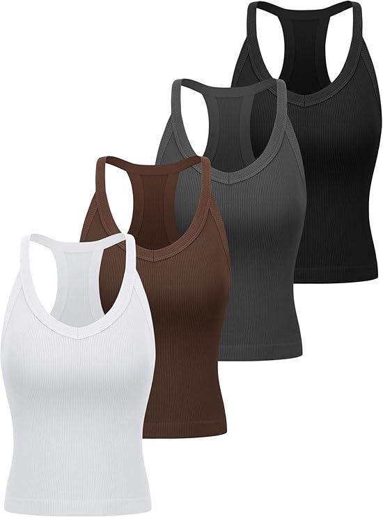 Womens Ribbed Workout Tank Top with Racerback Summer V Neck Seamless Crop Camisole for Sport S