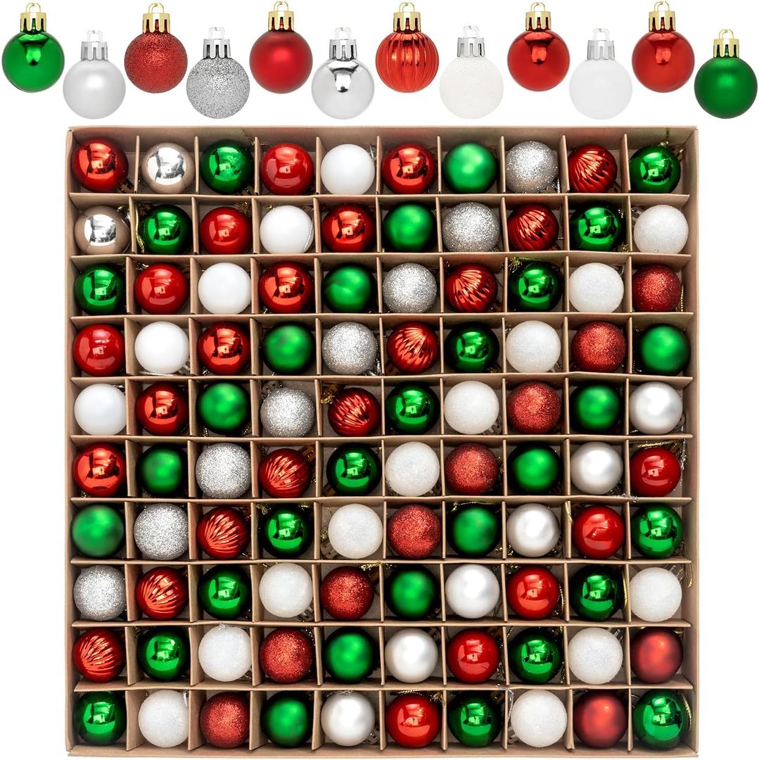 100 Pcs Mini Christmas Ball Ornaments Set, 1.18'' Red Green and White Small Shatterproof Xmas Tree Ornament Hanging Ball Bulk Decorations for Holiday Party, Wreath, Garland, Winter Decor
