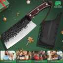 FULLHI Butcher Knife with Sheath, High Carbon Steel Kitchen Knife Vegetable Cleaver Chinese Cooking Knife, Full Tang Forged Chef Knife for Outdoor Camping BBQ (Brown)