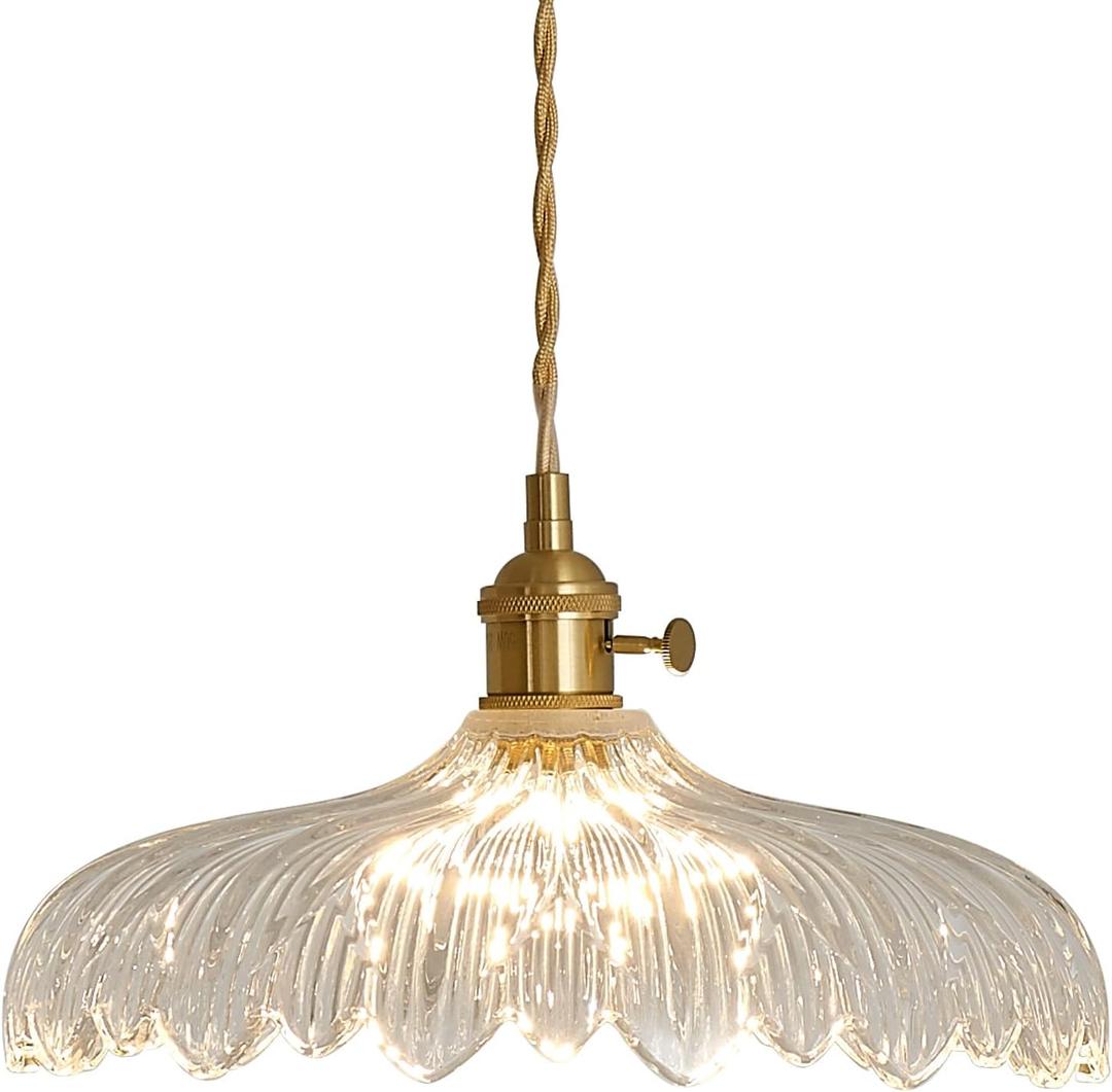 Oyisen Pendant Lights, 11.8 Inch Hanging Lamp Adjustable 6.5Ft Cord Hanging Lamp Clear Flower Glass Shade Pendant Light Fixture Hanging Pendant Lights for Bedroom