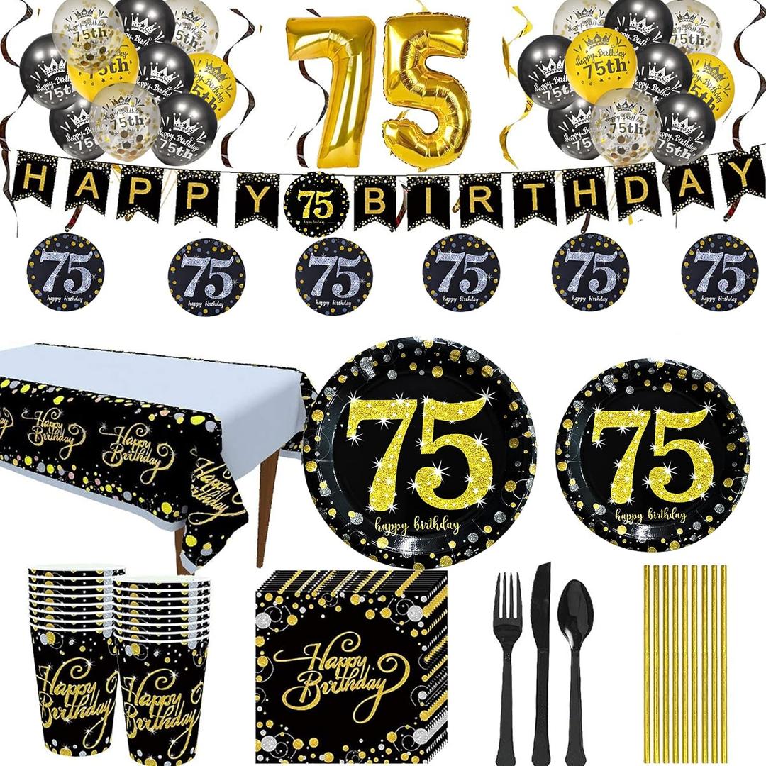 Trgowaul 75th Birthday Party Supplies - Black and Gold Paper Plates, Napkins, Cups, Tablecover Forks, Knives and Spoons for 24 Guests and Party Number Balloon Decorations Banner