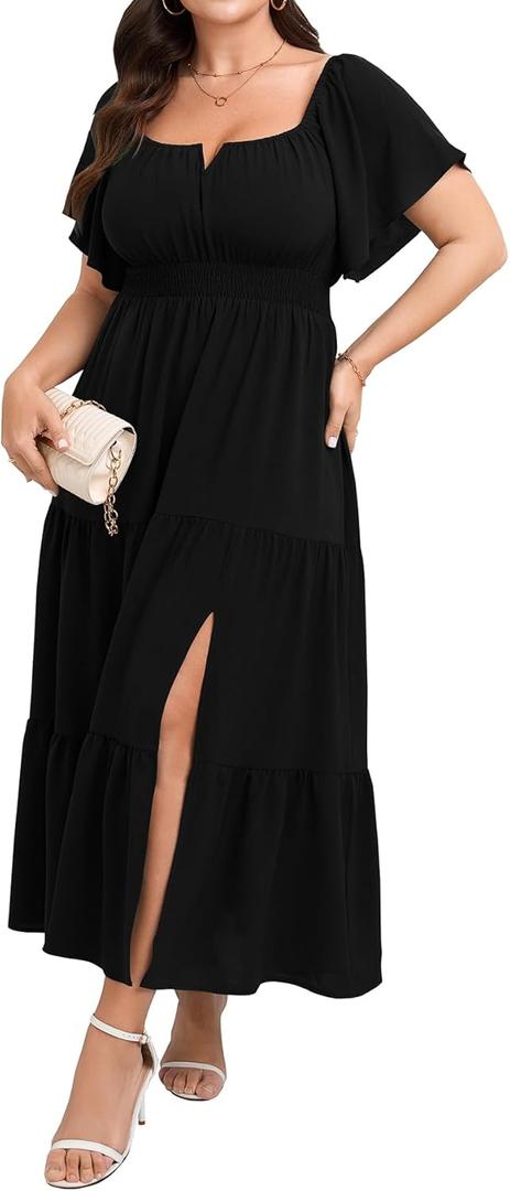SCOMCHIC Womens Plus Size Maxi Dress Formal Short Sleeve Square Neck Smocked Side Split Flowy A Line Tiered Long Dress, 2XL