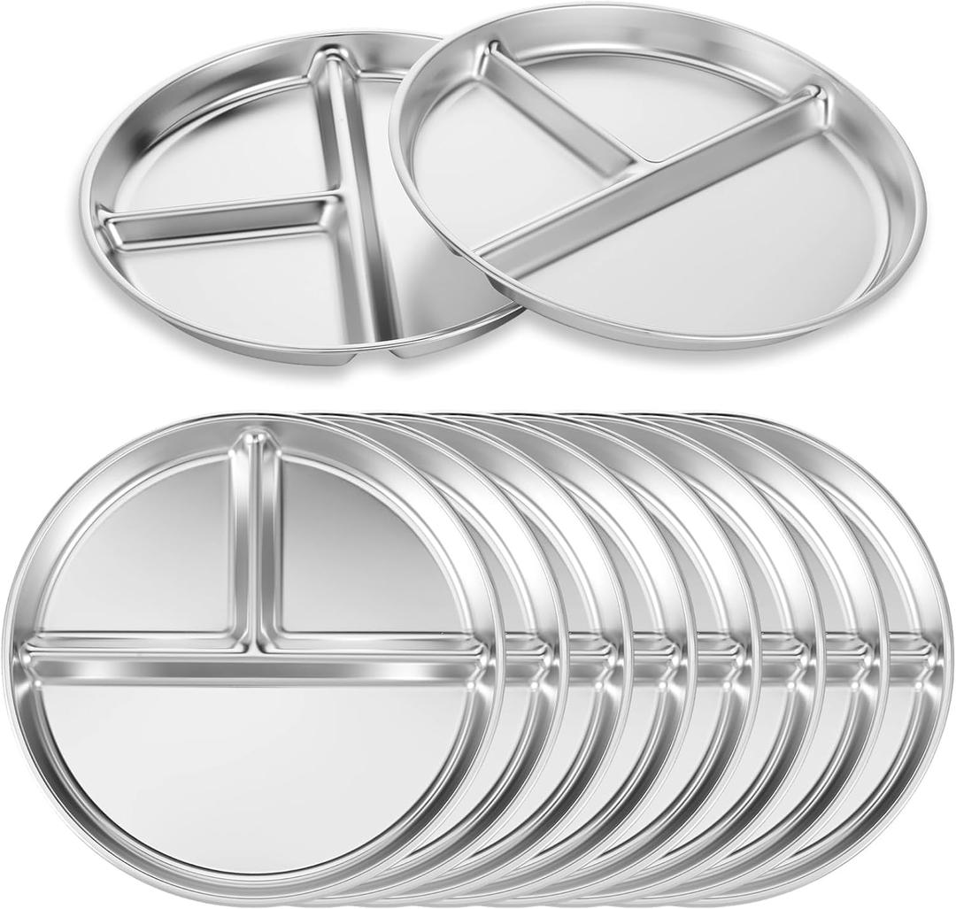 8 Pcs Stainless Steel Divided Plates, 9 Inch Round Metal Portion Control Plates Unbreakable Stainless Steel Dish Plate for Balance Lunch, Bariatric, Diabetic Diet