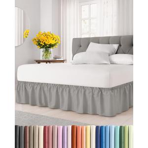 Wrap Around Dust Ruffle Bed Skirt - Light Grey - for King Size Beds with 18 Inch Drop - Elastic Strap - Adjustable Pleated Bedskirt with Brushed Fabric and Wrinkle Free - for Women, Men, Kids & Teens