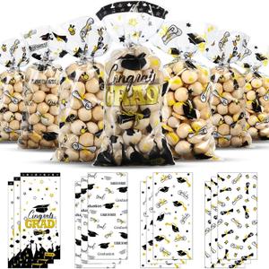 Blulu 100 Pieces 2025 Graduation Cellophane Treat Bags,Congrats Graduates Candy Plastic Clear Goodies Wrapping Bags with 200 Pieces Twist Ties for Graduation Day Grad Party Supplies(Black)