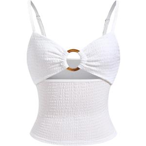 Women's Cut Out Ring Linked Camisole Top Ruched Deep V Neck Sleeveless Tops (White, S)