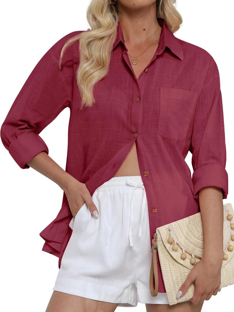 CUNLIN Women's Button Down Shirts Long Sleeve Cotton Summer Beach Wear for Women with Pocket (Medium, 50086_burgundy)