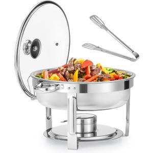 WILPREP Chafing Dish Buffet Set, 6 qt Round Chafer for Catering with Glass Lid & Lid Holder Water Food Pan Fuel Holder, Food Grade Stainless Steel Food Warmer for Parties Buffets Banquets Dinners