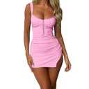 Womens Sexy Lace Dress Tight Going Out Slip Ruched Spaghetti Sweetheart Neck Party Bodycon Mini Dresses Pink M