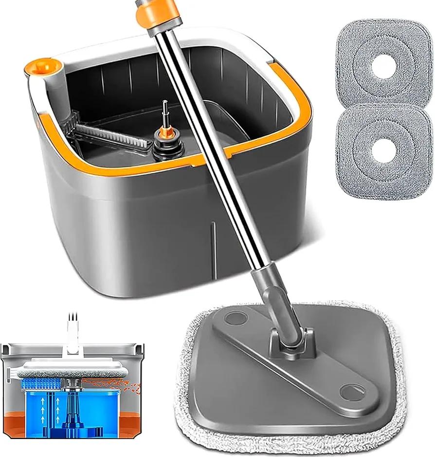 KZKR Spin Mop and Bucket Set with 2 Replaceable Microfiber Mop Pads with Self Separation Dirty and Clean Water System, Self Wringing 360° Rotating Square Mop Head for Hardwood Tile Marble Floors
