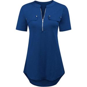 LuckyMore Women's Short Sleeve Zip Flowy Tunic Tops Business Casual Work Office Blouses Shirts (M-3XL) (XX-Large, Navy)