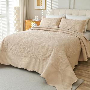 Cmfshape Oversized King Quilt Set Bedspread 120x120-Beige California King Quilts 3 PCS-Lightweight Quilted Bedding Extra Large-Paisley Pattern Coverlet for All Season Bohemian
