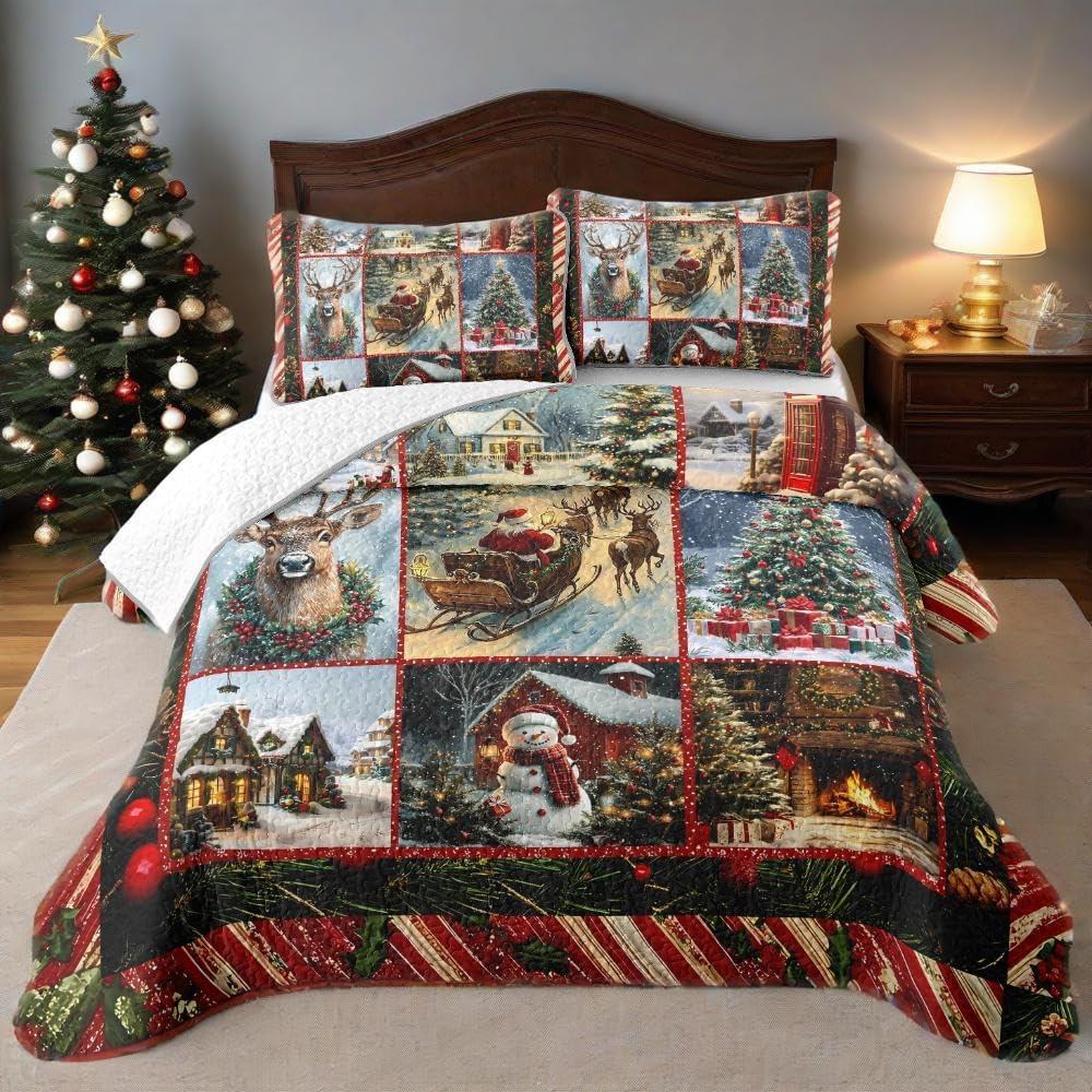 ITFRO Christmas Quilt Set Queen Snow Scenery Sled Santa Claus Snowman Deer Plaid Patchwork Bedspread Soft Microfiber 3 Piece Bedding Set with 2 Pillow Shams Holiday Coverlet Home Decor (Retro, Queen)