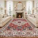 8x10 Washable Area Rug, Low-Profile Large Area Rug with Non-Slip Backing & Durable Edge Binding, Vintage Large Rugs for Living Room, Bedroom, Dinning Room, Red