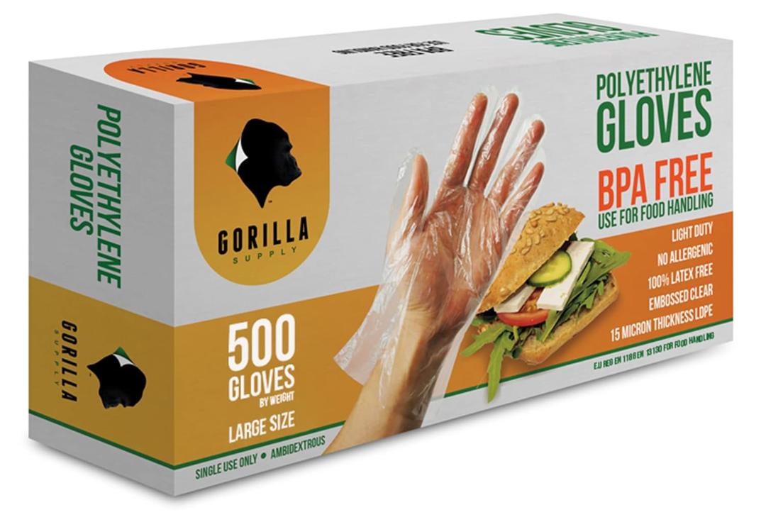 GORILLA SUPPLY 1000 BPA Free Premium Disposable Gloves Poly PE LDPE Plastic for Kitchen Food Handling Food Prep Latex & Powder Free (500 Count, Large)