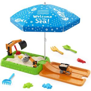 Sandbox with Lid, Dirt Digger Excavator Sand Box with Cover, Kids Sand Pit with Construction Toys/Umbrella/Beach Toys for Toddler 3-5, Sensory Kit Summer Gifts for Indoor Outdoor Backyard, Green
