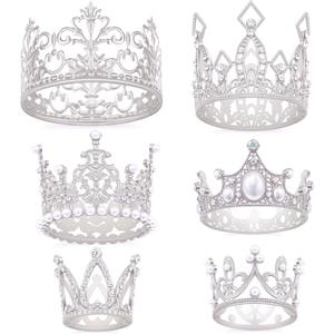 Silver Crown Cake Topper, 6 Pieces Happy Birthday Cake Toppers, Princess Crown Cake Decorations, Mini Crowns for Flower Arrangements, Birthday, Wedding, Party and Baby Shower Decor (Silver-,