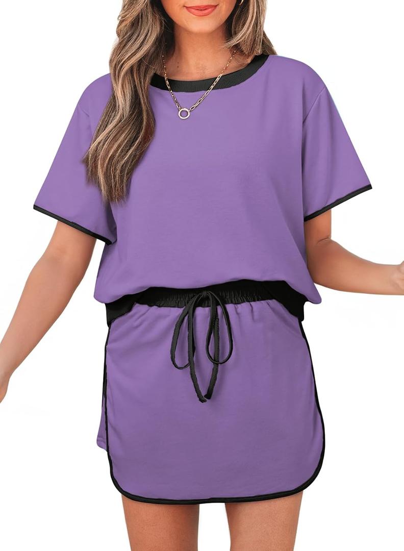 Womens 2 Piece Skort Set 2026 Color Block Short Sleeve Top Drawstring Skort Matching Sets Casual Lounge Summer Outfit (Purple, S)