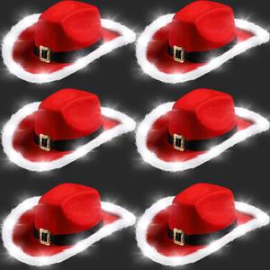 JaGely 6 Pieces Light Up Santa Claus Cowboy Hats Set, Christmas Cowgirl Hat with Lights, Red and White Festival Cowboy Hats for Women, Men Xmas Western Costume Accessories