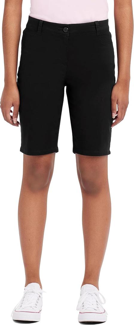 IZOD Juniors Uniform Bermuda Shorts, Skinny Style with Hook & Eye Closure, Stretch Twill Fabric (Black)