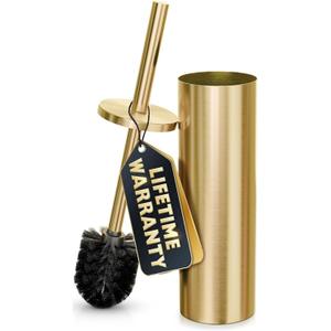 Gold Toilet Brush and Holder Set - Brushed Stainless Steel Gold Toilet Bowl Brush and Holder with Replacable Head, Removable Inner Bowl, and Splash Protection - Dense Bristles for Through Cleaning
