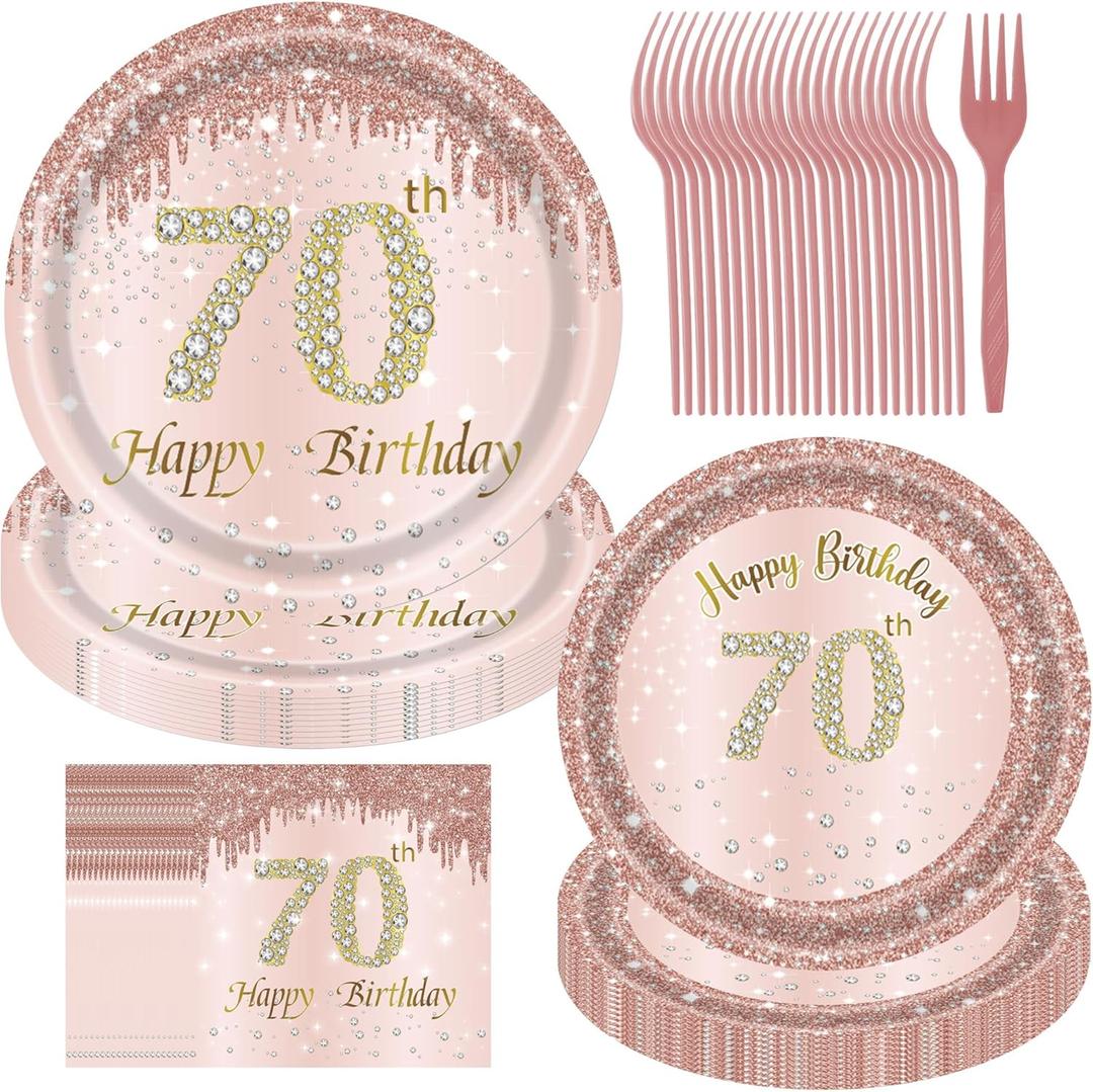 70th Birthday Decorations for Women, Rose Gold Plates Rose Gold Decorations 96pcs Pink Paper Plates and Napkins for Girls Women 70th Birthday Party Supplies Serve 24 Guests