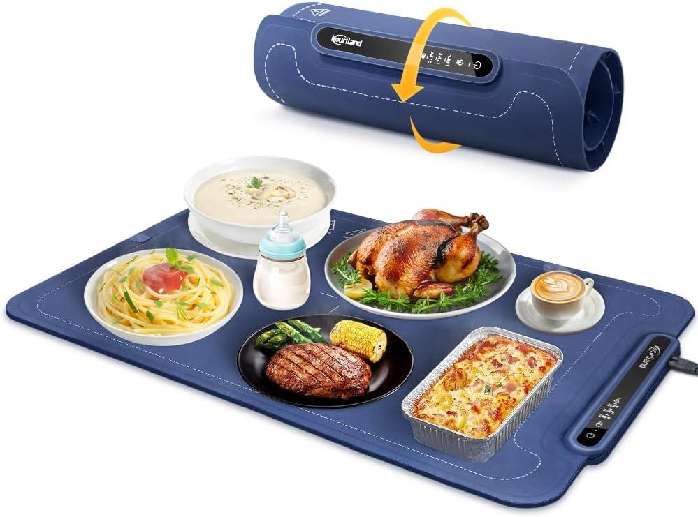 Extra-Large Warming Mat for Food - 3 Temp Levels Food Warmers, Foldable Electric Warming Tray with Child Safety Lock, Auto-Shutoff, Full Surface Heating Silicone Heating Tray for Gatherings, Parties (Blue)