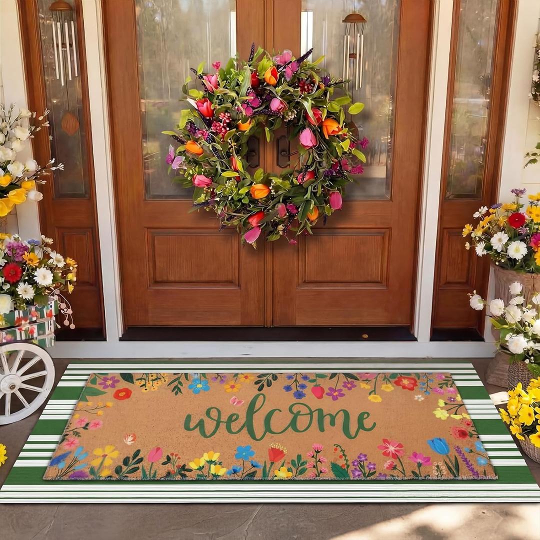 Tinideya 2 Pcs Door Mat Welcome Non Slip Coir Mats Floor Layering Doormats Seasonal for Front Porch Entryway Decor(16.14 x 47.24 Inches,Spring Flowers,Green Brown)