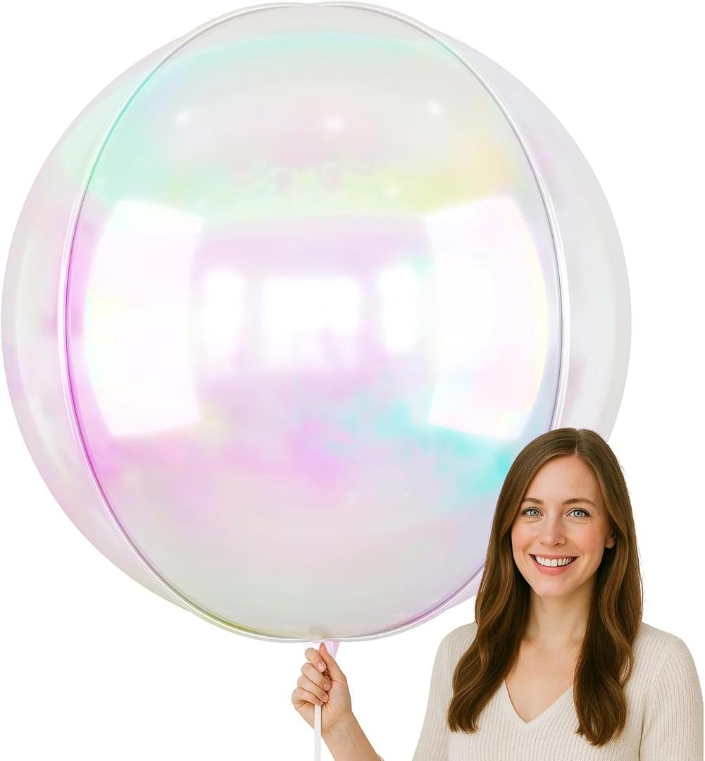 50 Inch Giant Iridescent Round Foil Balloons, 3Pcs Holographic Clear 4D Ball Balloons for Birthday New Year Eve Wedding Folding Rainbow Under The Sea Mermaid Party decoration