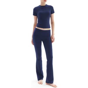 PUMIEY Two Piece Sets for women Lounge Sets Short Sleeve Tops Flare Leggings Set Going Out Casual Outfits Matching Sets Tracksuit, Dark Night X-Small