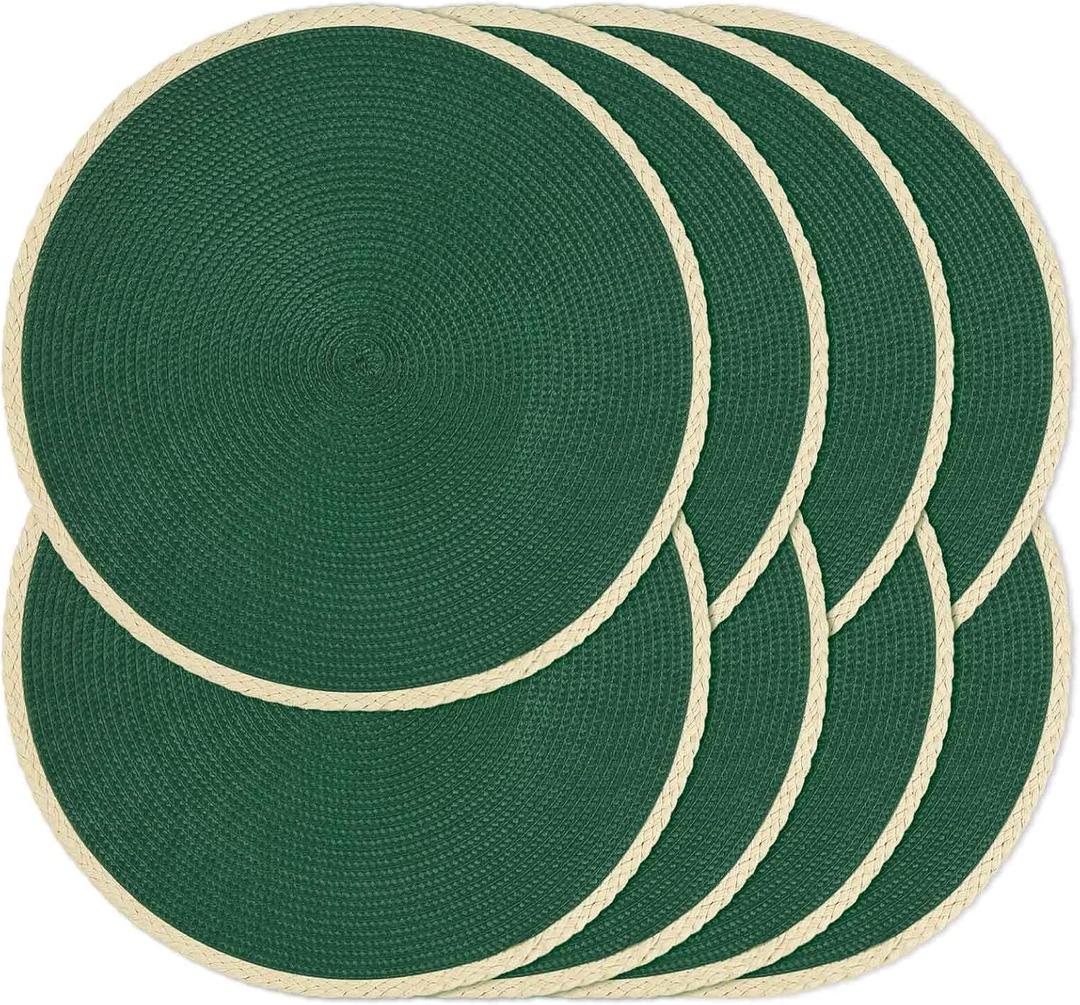Noctiflorous Round Placemats Set of 8, 15 Inch Braided Hand Woven Table Mats, Heat Resistant Non-Slip Wipeable Thin Edge Place Mats for Kitchen Dining Indoor Outdoor Use(Pine Green, 8)