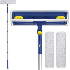Window Squeegee with Extension Pole: 2-in-1 Rotatable Squeegee Cleaning Kit - 30''-60'' Cleaner Tool with 2 Microfiber Pads for High Windows, Shower Glass, Mirror, Car Windshield