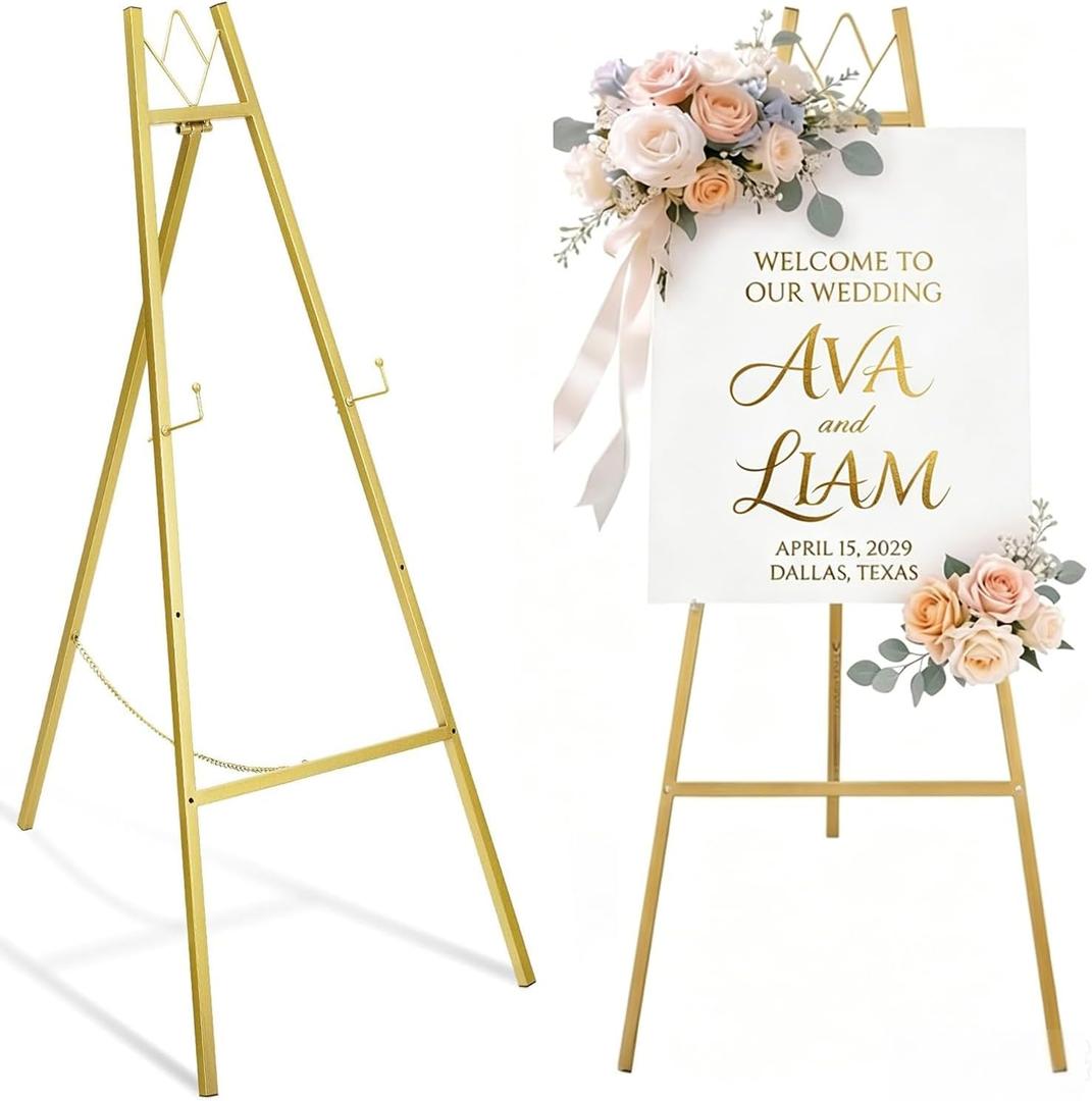 WATIHERE 57.5" Gold Easel Stand for Wedding Sign  4 Adjustable Height Levels, Assembly Required, Heavy Duty Metal Display Stand for Art, Paintings, Posters, Pictures, and Home Dcor